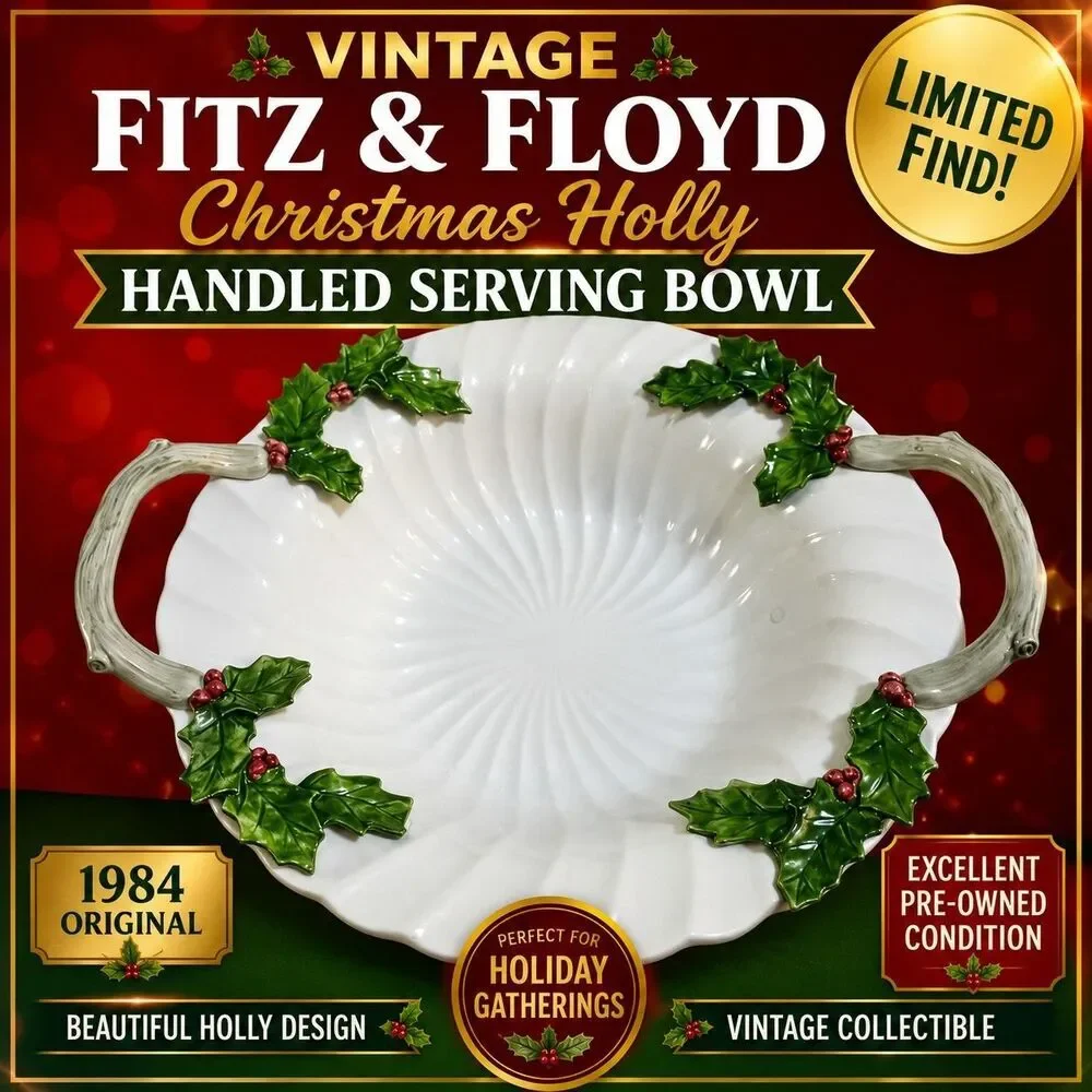Vintage Fitz & Floyd Christmas Holly Handled Serving Bowl 1984 Ceramic Platter